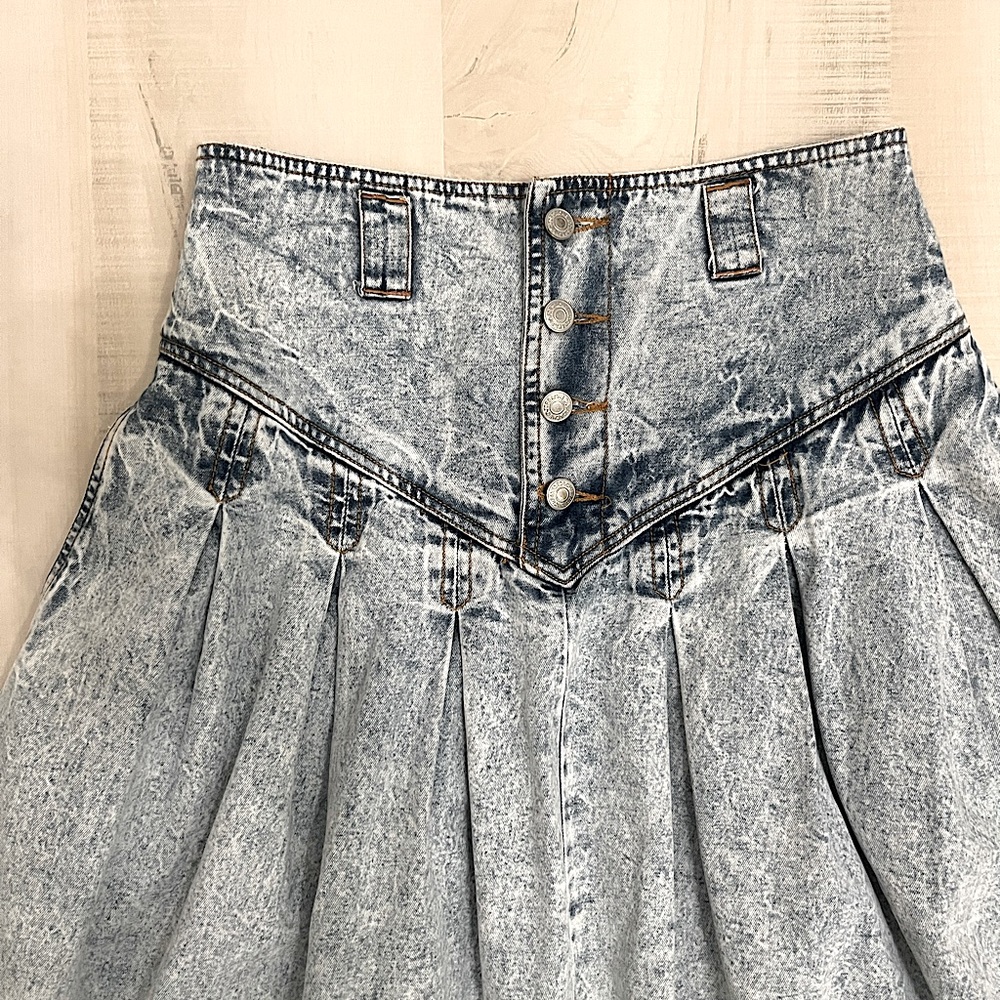 Vtg 80’s JORDACHE Acid Wash Denim Pleated Midi Circle Skirt Pockets size 10